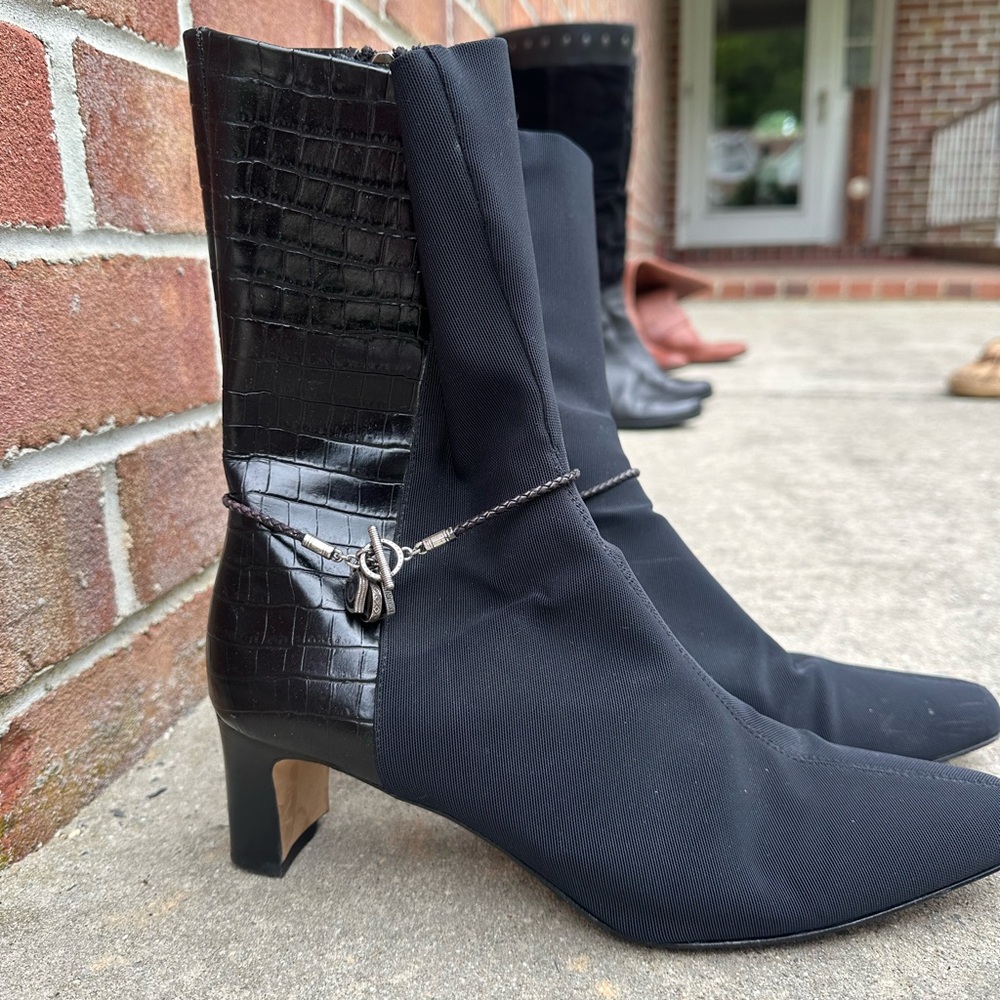 Black stretch nylon and leather Brighton ankle boot. Side Zip 2 1/2 inch heel